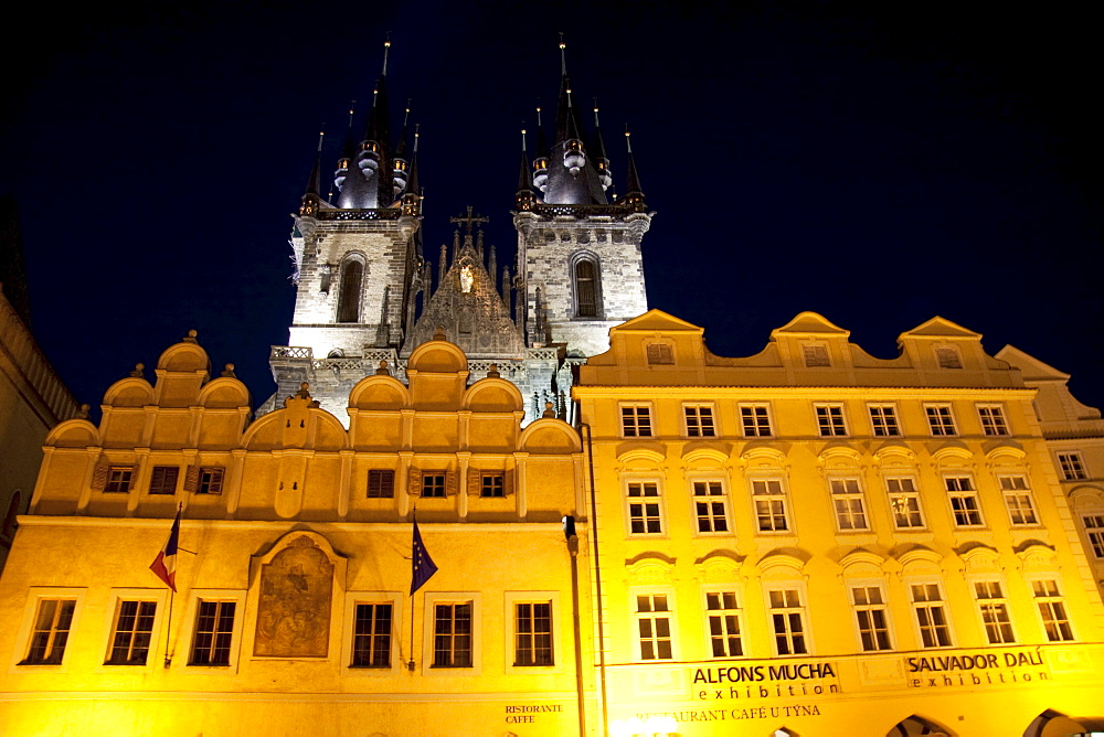 Houses on the Old Town Square with the Church of Our Lady before Tyn at night, Prague, Czech Republic