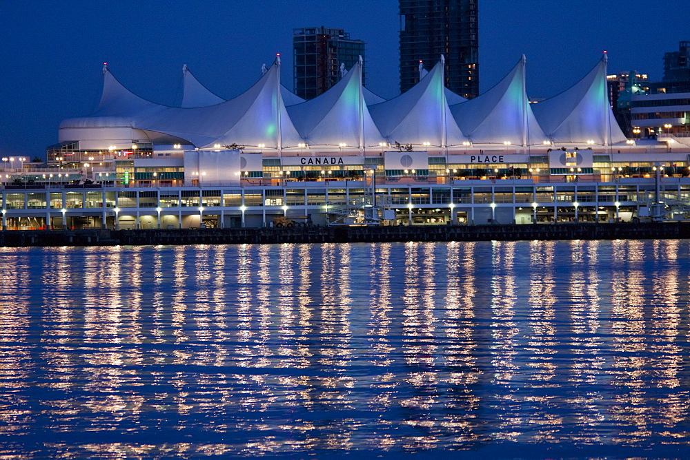 Canada Place reflected in Coal Harbour at night, Vancouver, British Columbia, Canada