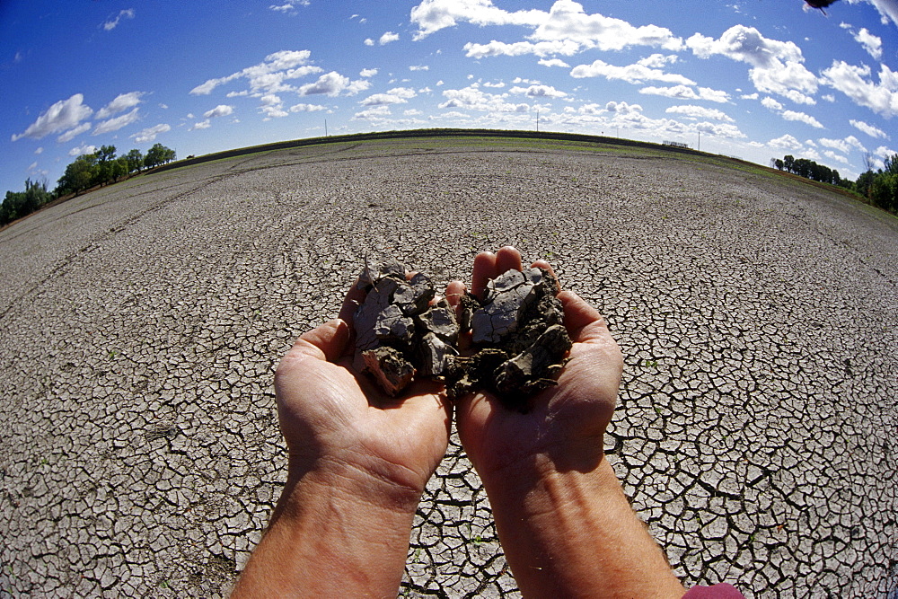 Hands Holding Soil Dry from Drought, Red River Valley, Manitoba