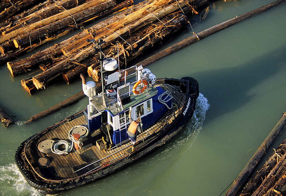 Tugboat and Log boom, North Arm Fraser River, Vancouver British Columbia.