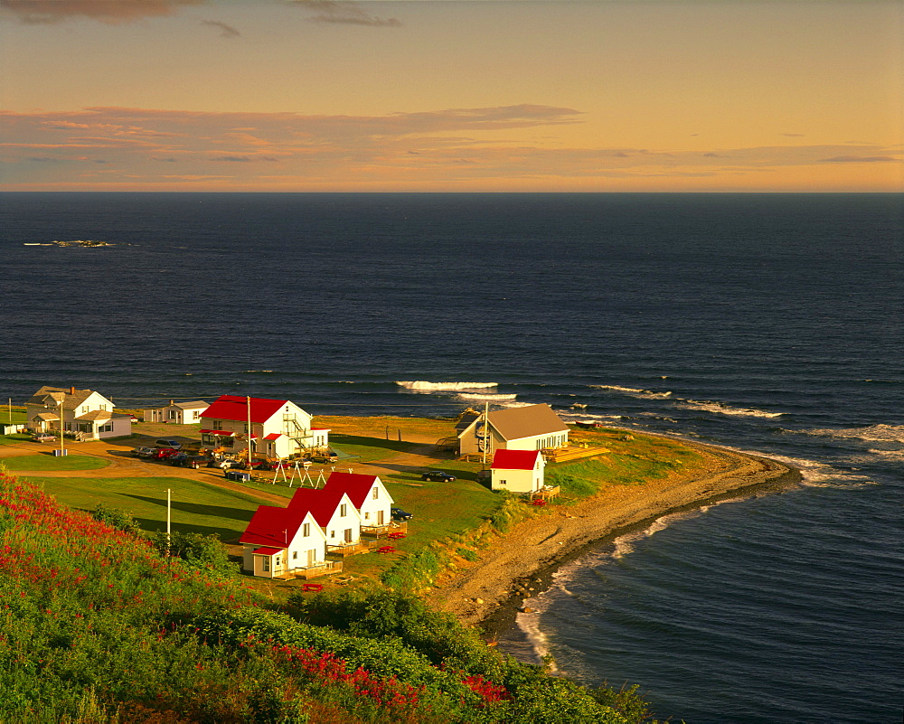 Cottages and St. Lawrence River at Sunrise, Petite-Vallee, Gaspesie region, Quebec