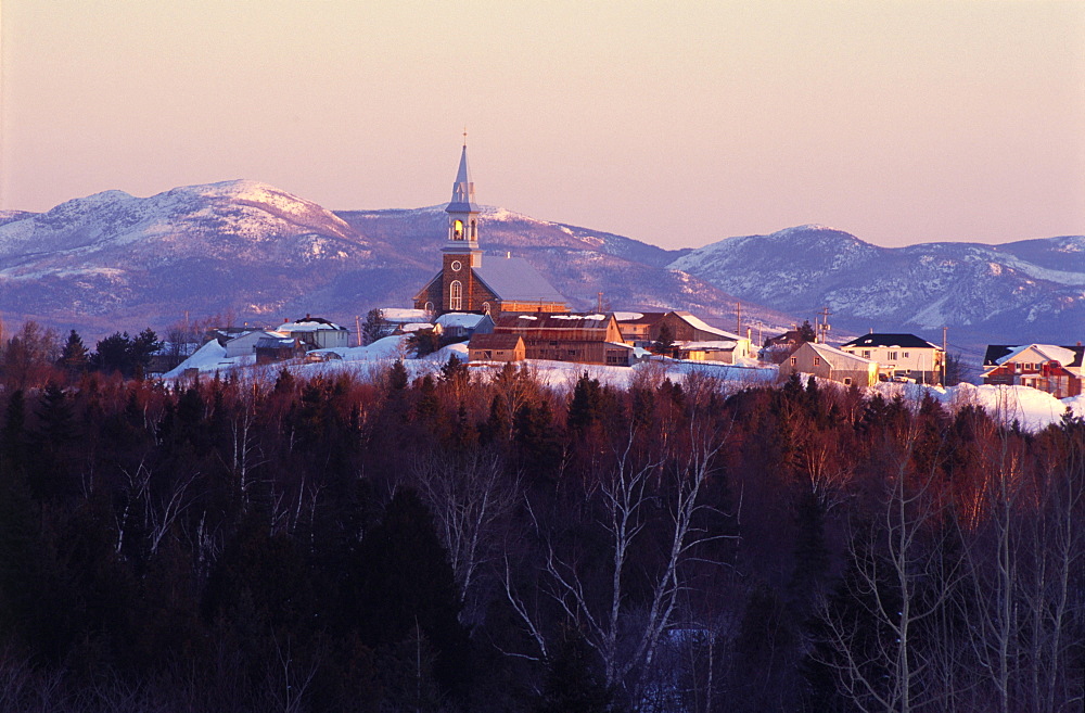 View of Village and Mountains of Grands-Jardins National Park at Sunrise, Saint-Hilarion, Charlevoix region, Quebec