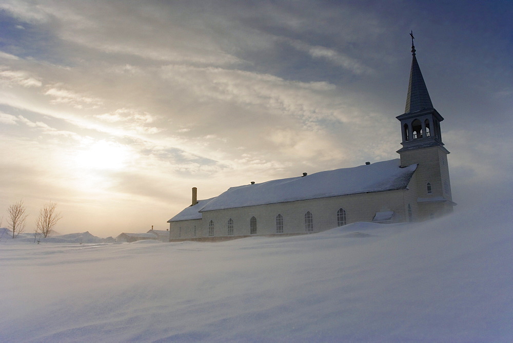 Church and Blowing Snow, Saint-Adelme, Gaspesie Region, Quebec