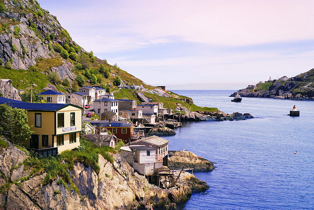 View of Houses in The Battery and Fort Amherst Lighthouse, at the entrance to St. John's Harbour, Avalon Peninsula, St. John's, Newfoundland