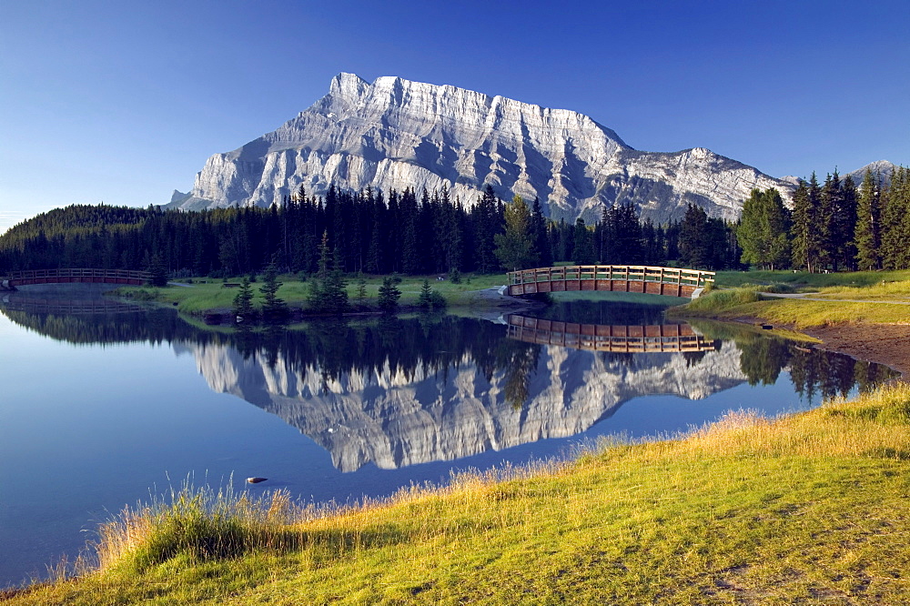 Mount Rundle reflected in Cascade Ponds, Banff National Park, Alberta, Canada