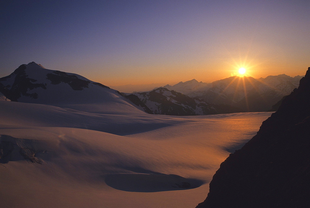 Sunset over the Matier Glacier Coast Mountains, Joffre Lakes Provincial Park, British Columbia