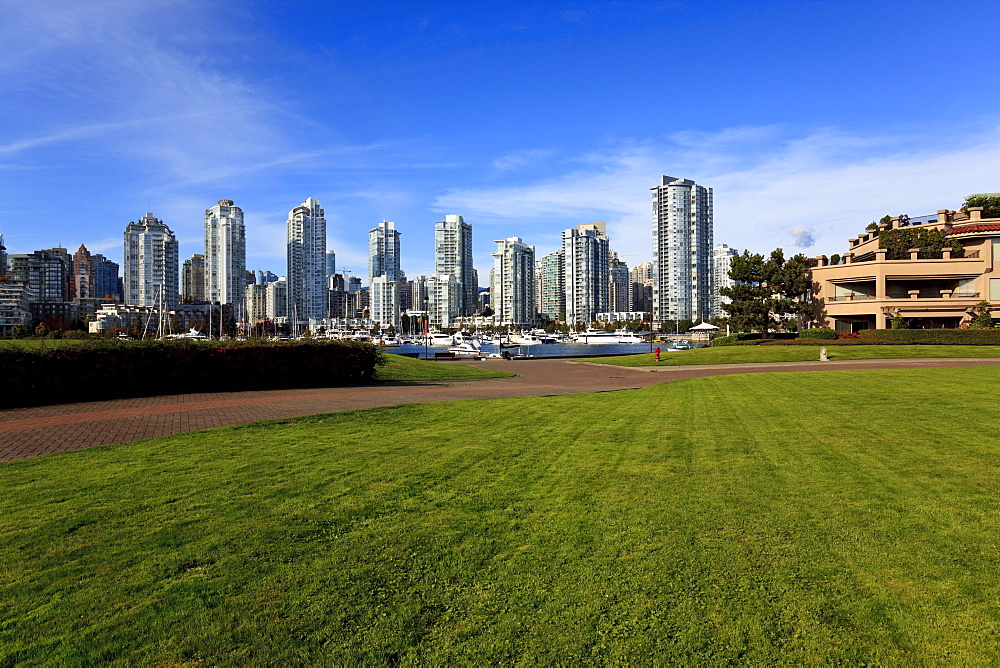 View across False Creek to condominiums of Yaletown and downtown, Vancouver, British Columbia