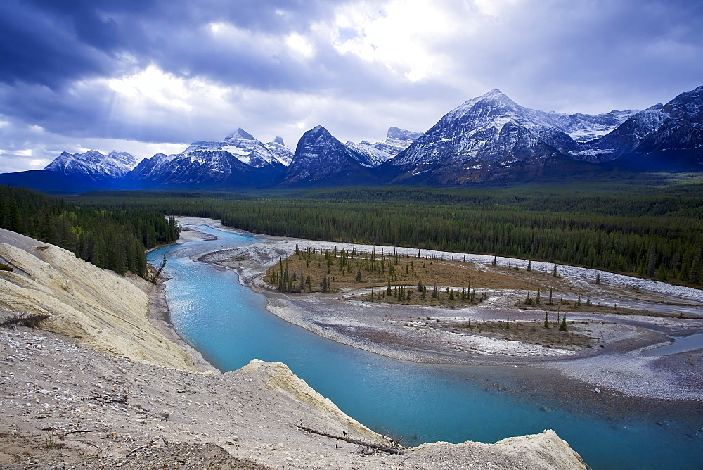 Athabasca River, Mount Christie and Mount Brussels from Icefields Parkway, Jasper National Park, Alberta