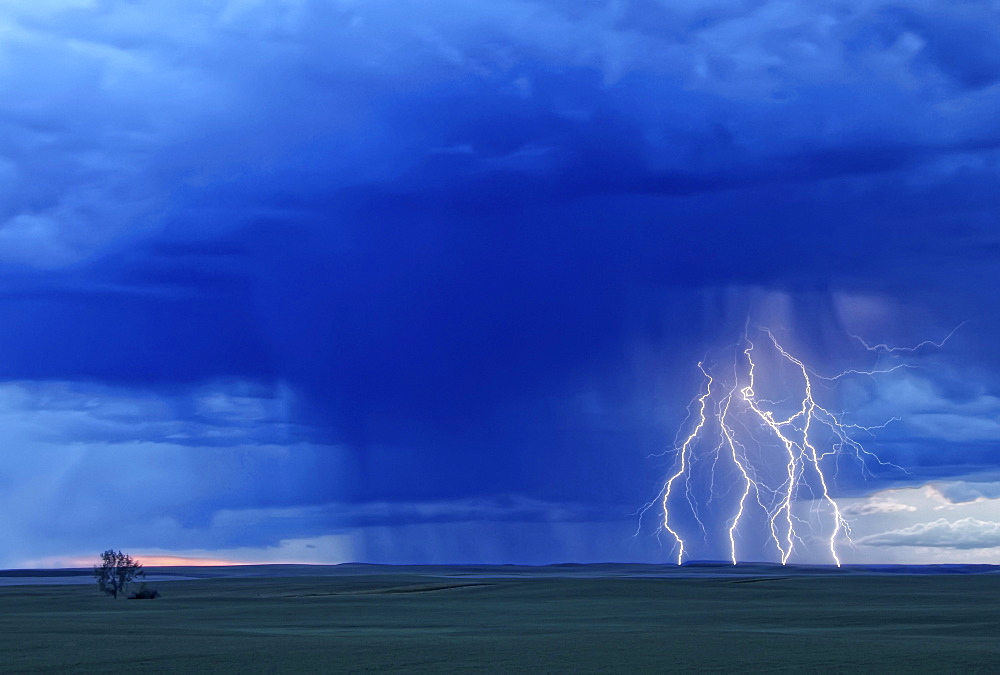 Multiple lightning strikes during a storm near Val Marie, Saskatchewan