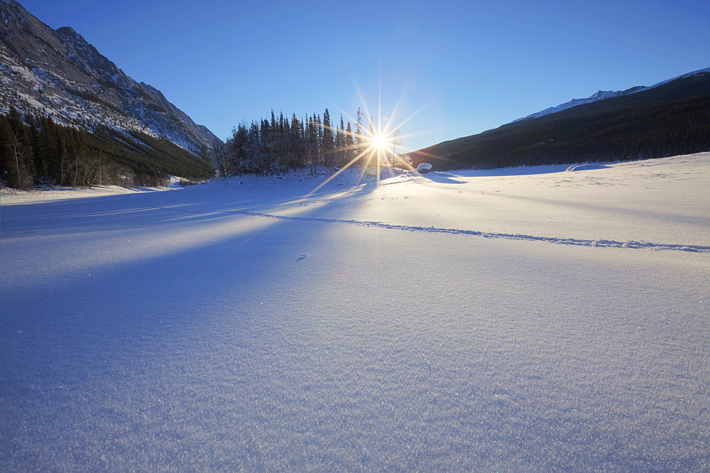 Winter morning with fresh snow covering frozen Medicine Lake, Jasper National Park, Alberta