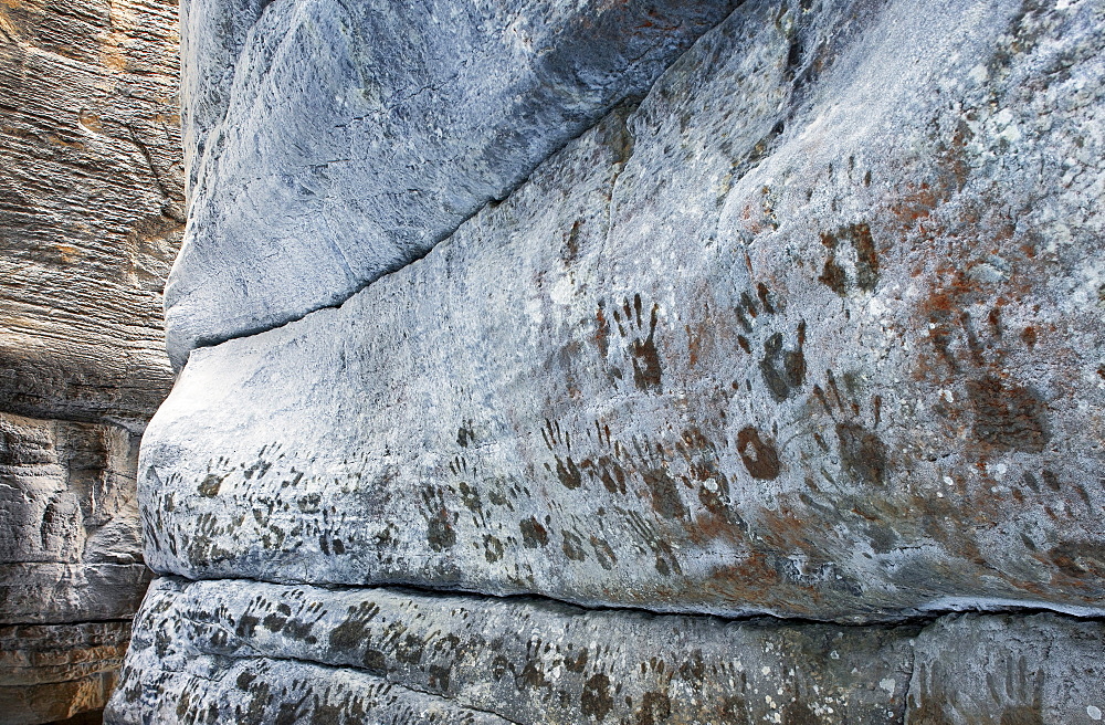 Handprints on frosted Canyon wall, Maligne Canyon, Jasper National Park, Alberta