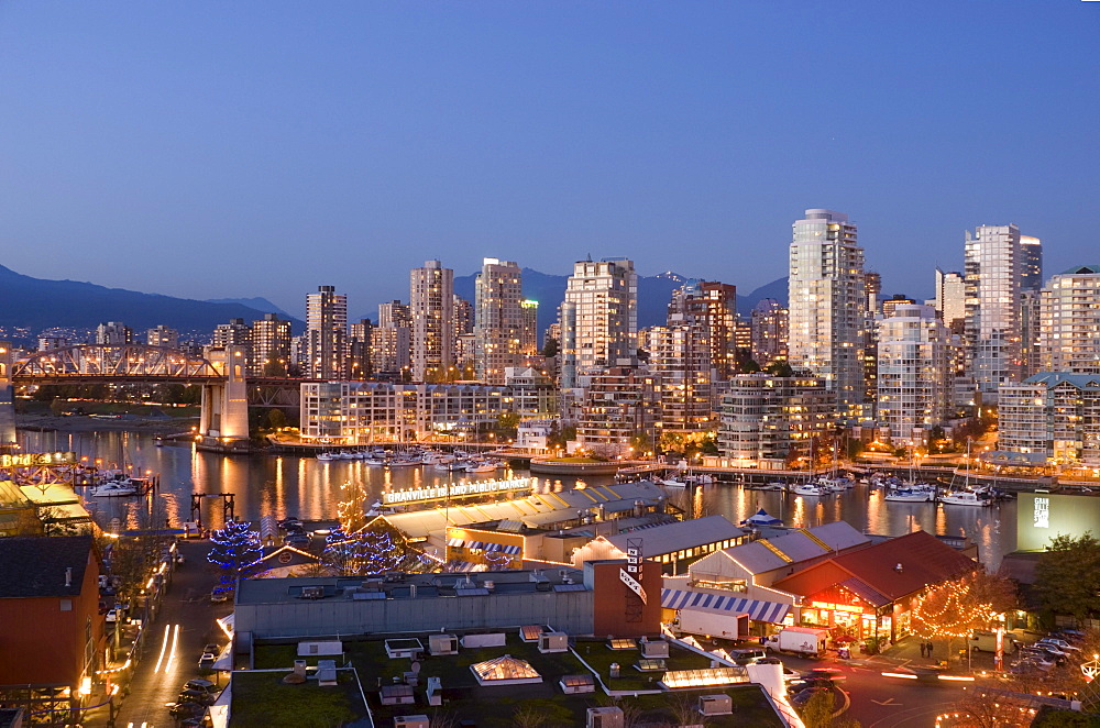 Night View of Granville Island and Downtown Skyline at False Creek, Vancouver, British Columbia