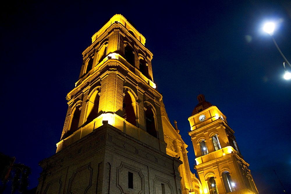 Basilica Menor de San Lorenzo at night, Santa Cruz de la Sierra, Bolivia