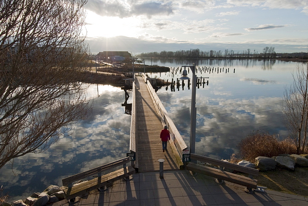 Sunrise along the boardwalk near Steveston Village, with Shady Island to the distant right, Phoenix Pond to the left, Fraser River, Richmond, British Columbia