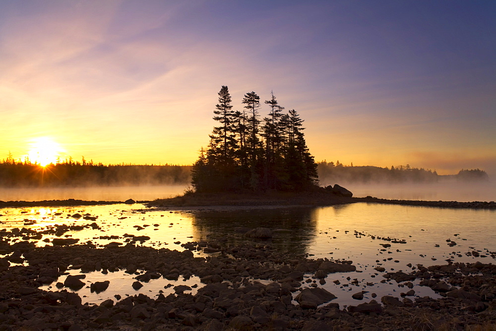 Mist and island at sunrise, Soldier Lake, Nova Scotia