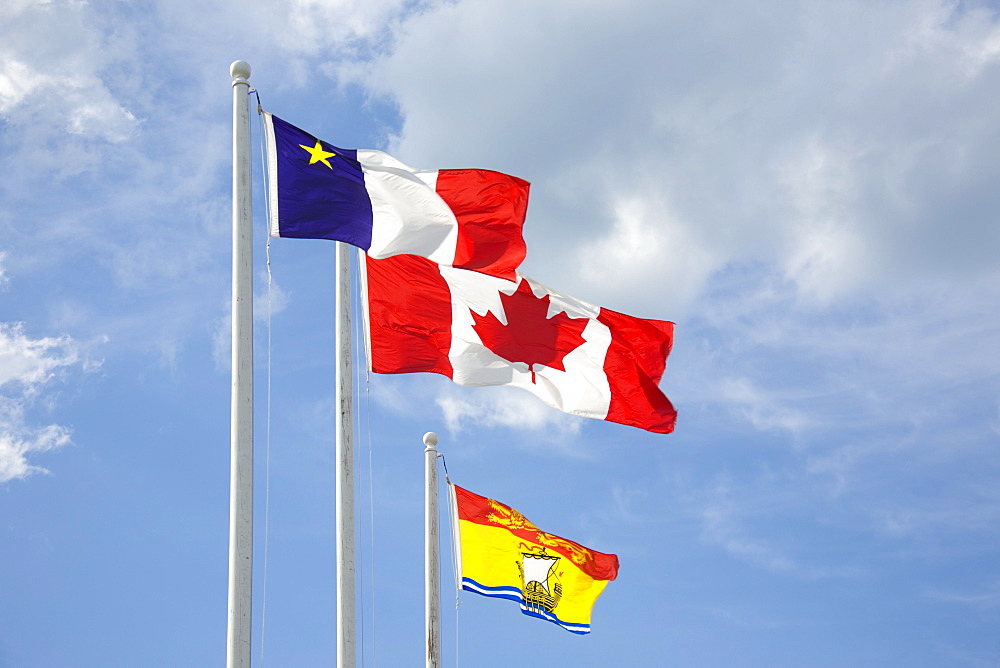 Acadian, Canadian and New Brunswick Flags, Bouctouche, New Brunswick