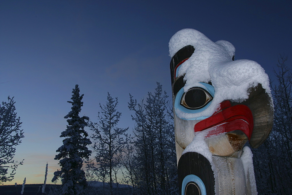 Snow Covered Totem Pole at Sunset, outside Teslin, Yukon