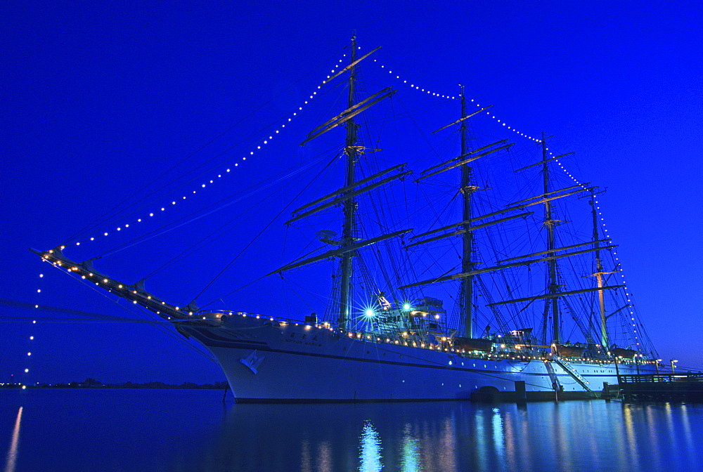 Tall Ship The Nippon Maru after Sunset, moored along the Fraser River, Vancouver, British Columbia