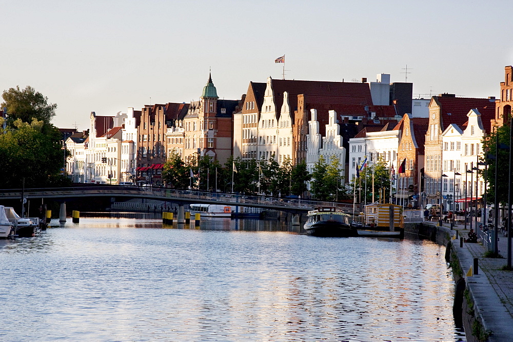 Crow-stepped gabled houses along the Hansahafen, Lubeck, Germany