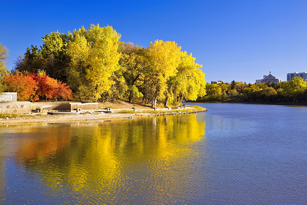 Assiniboine River joining Red River at The Forks in fall, Winnipeg, Manitoba