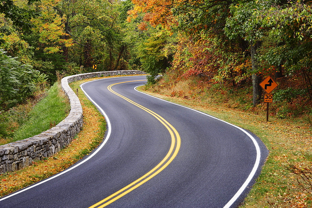 View of Skyline Drive, road curving through mountain landscape in autumn, Shenandoah National Park, Virginia