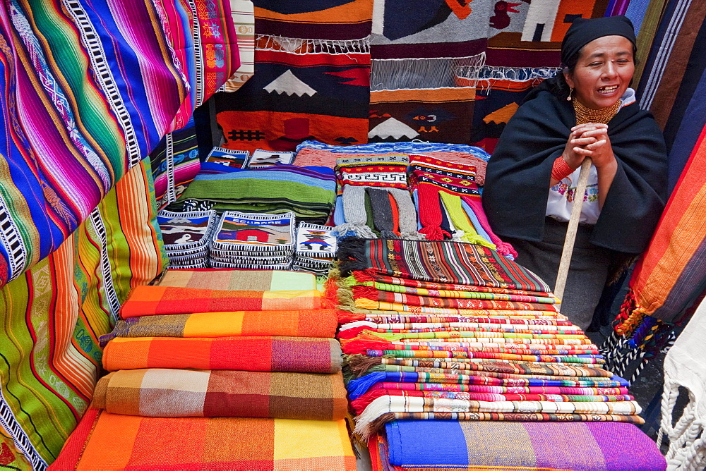 Andean textiles for sale at the Saturday crafts market, Otavalo, Imbabura, Ecuador