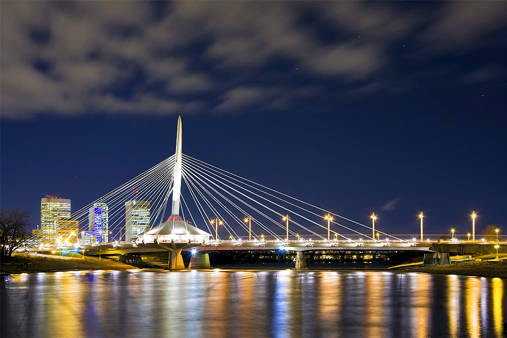 Downtown Winnipeg skyline and The Esplanade Riel Bridge at night, Red River, Winnipeg, Manitoba