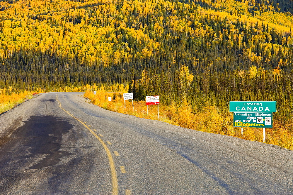 Entering Canada on Alaska Highway near Beaver Creek and fall colours, Yukon