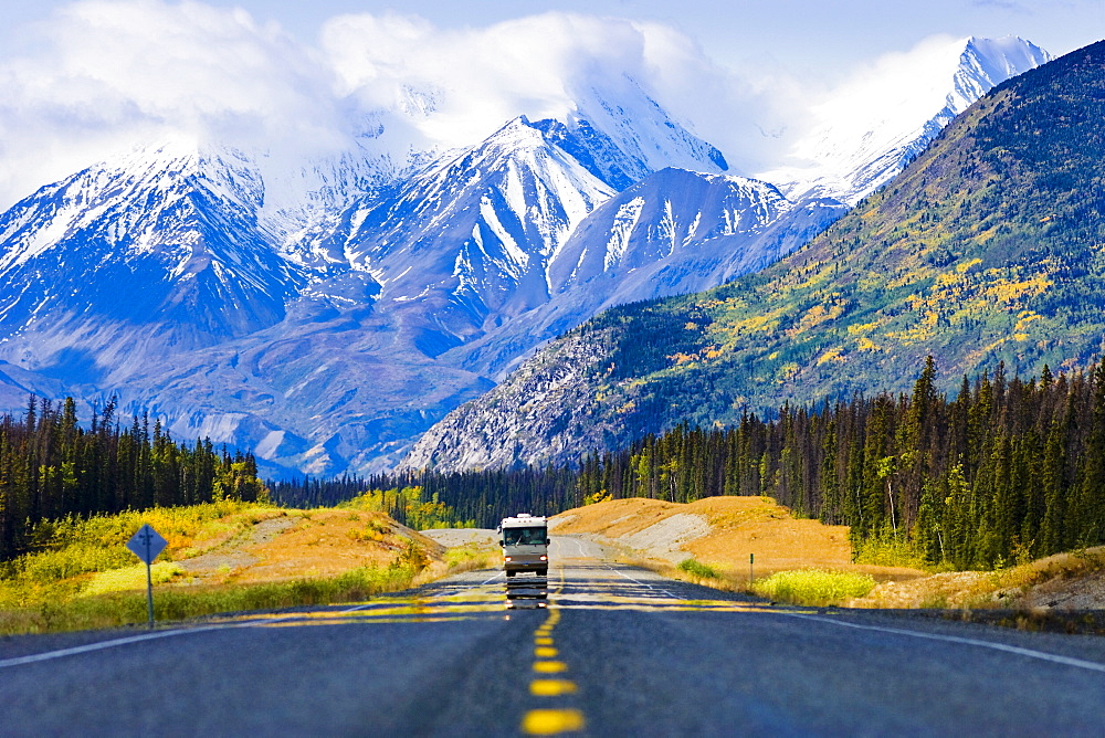 RV on the Alaska Highway with Kluane Range in the background, Yukon