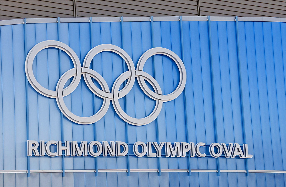 Detail image of the Olympic rings on the speed skating oval in Richmond, British Columbia