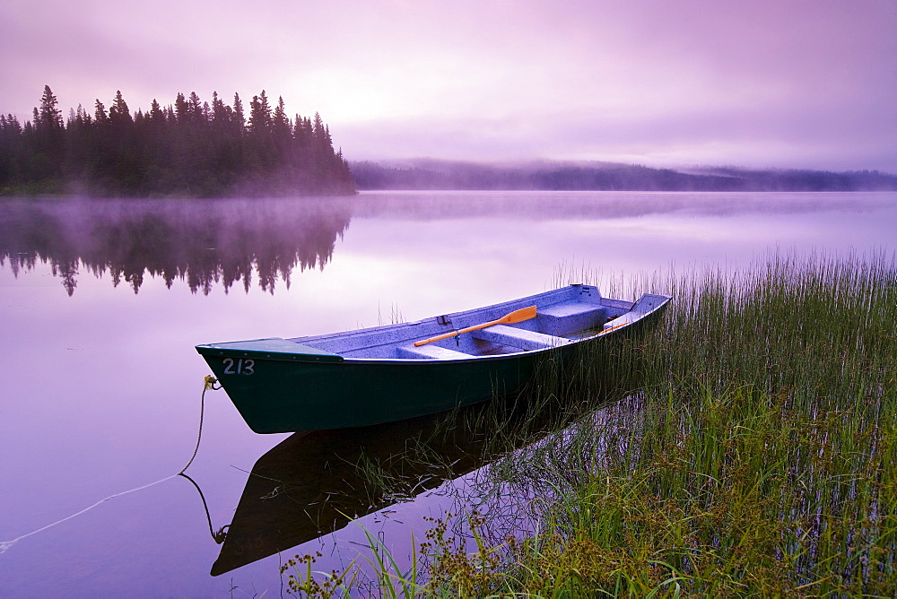 Boat in mist at dawn, Rimouski Lake, Rimouski Wildlife Reserve, Bas-Saint-Laurent region, Quebec