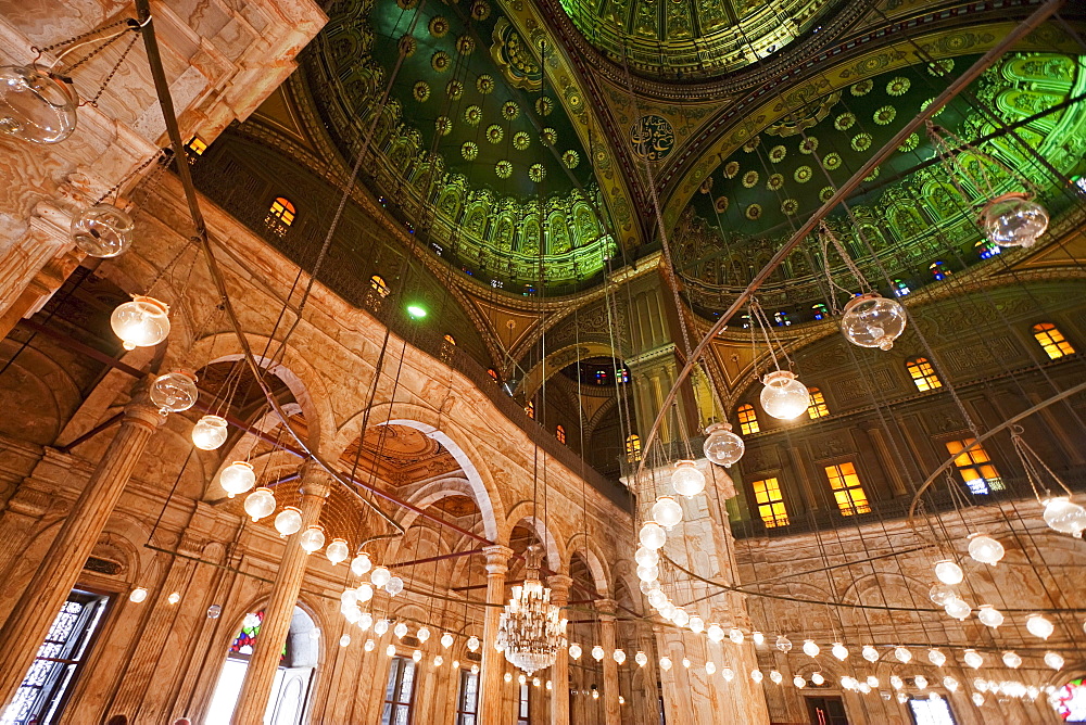 Cupola and lamps in the interior of the Prayer Hall of Mohammed Ali Mosque in the Citadel of Cairo, Al Qahirah, Egypt