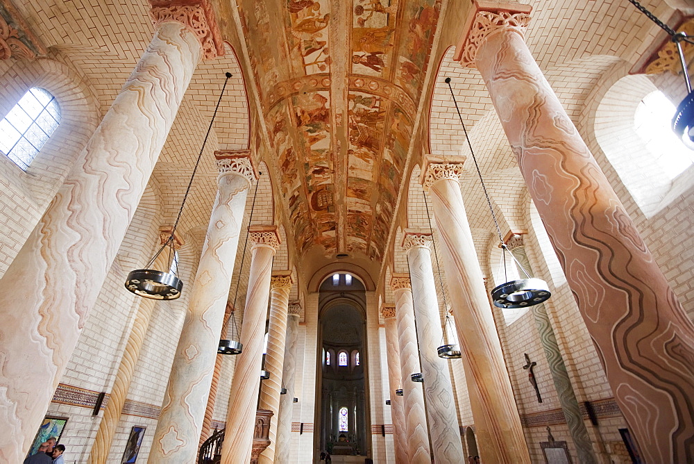 Romanesque murals on the ceiling and painted columns in the central nave of the Abbey Church of Saint-Savin sur Gartempe, Saint-Savin sur Gartempe, Vienne, France