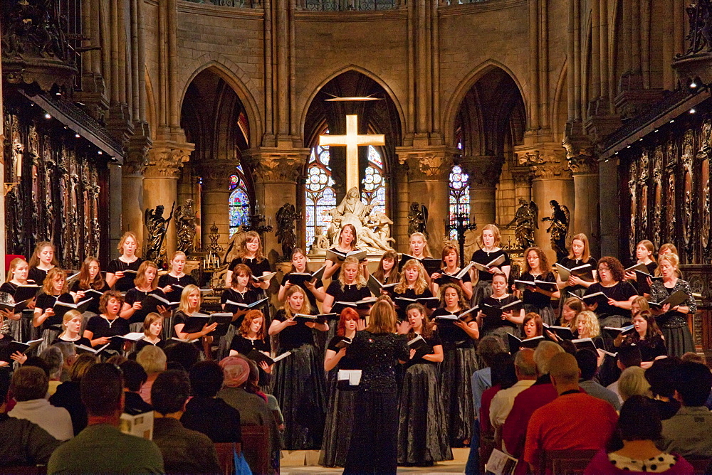 Choir performing during a mass in Notre Dame de Paris Cathedral, Paris, France