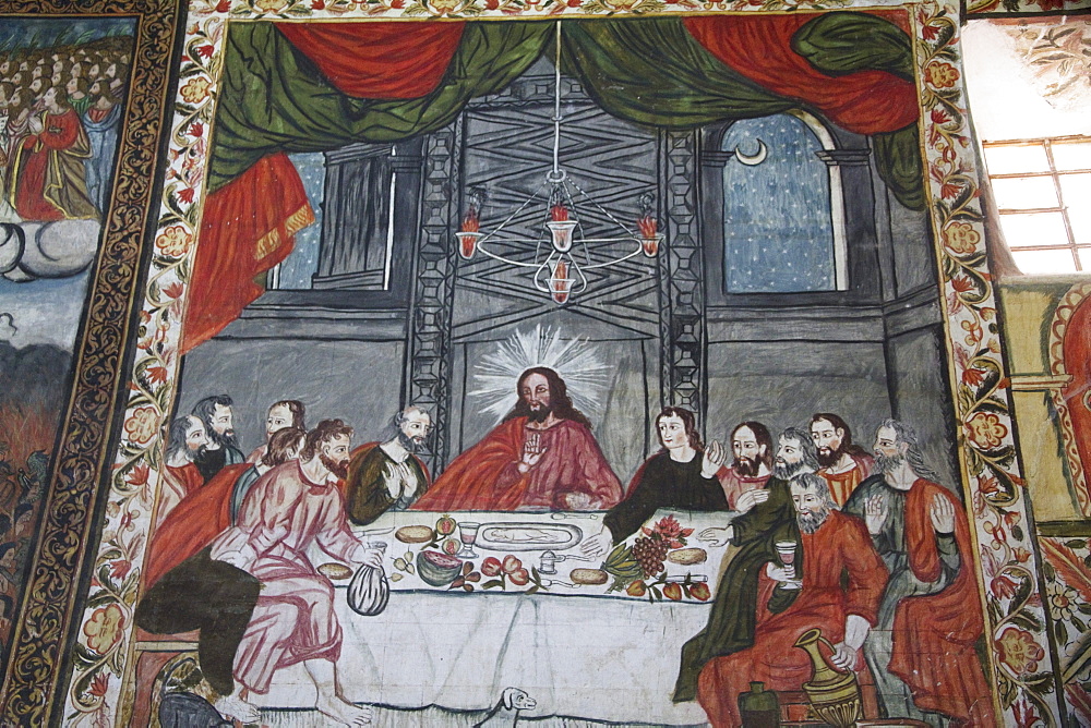 Last Supper illustrated by 17th century Baroque-Mestizo frescos in the nave of Santiago de Curahuara de Carangas church, the "Sistine Chapel of the Andes", Curahuara de Carangas, Oruro, Bolivia