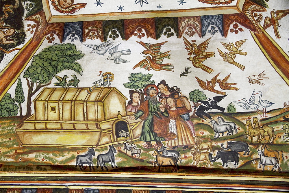 Noah's Ark illustrated by Baroque-Mestizo frescos dating to the 17th century in the baptistery of Santiago de Curahuara de Carangas church, the "Sistine Chapel of the Andes", Curahuara de Carangas, Oruro, Bolivia