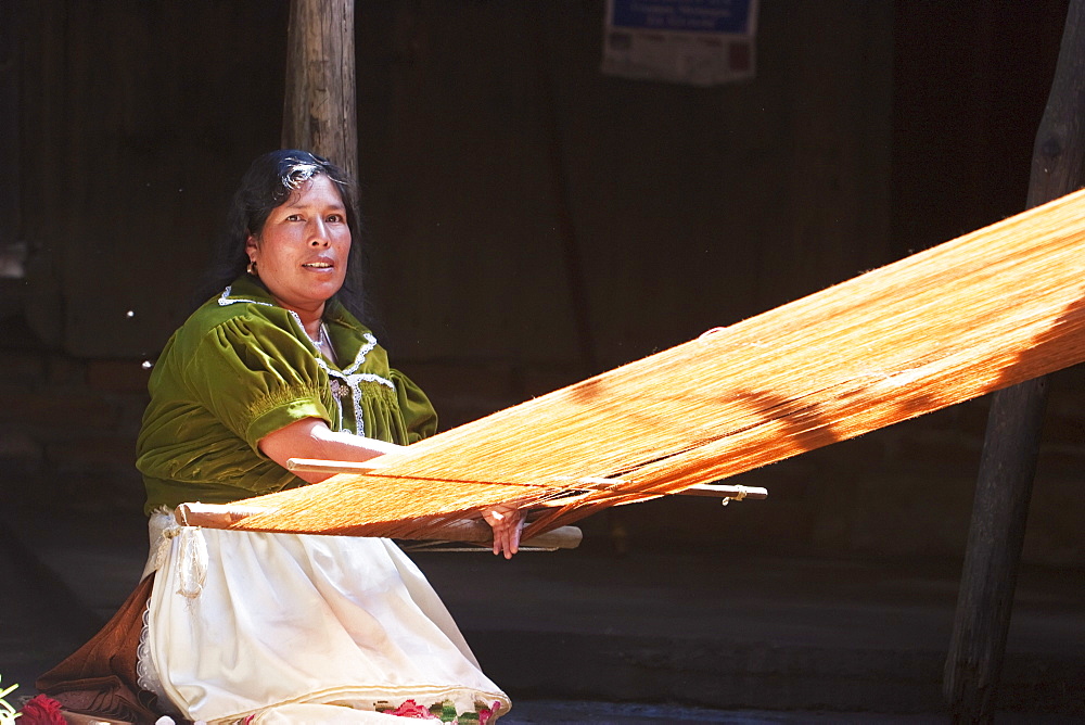 Purupecha woman at the loom, Angahuun, Michoacun, Mexico