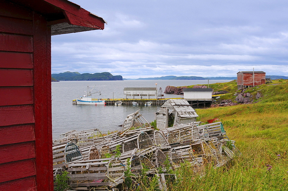 Fishing boat dock & lobster traps, Open Hall, Newfoundland