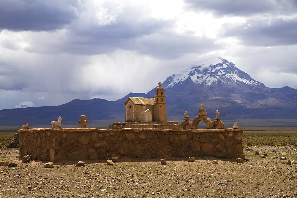 Church-shaped shrine and Nevado Sajama, Sajama National Park, Oruro Department, Bolivia