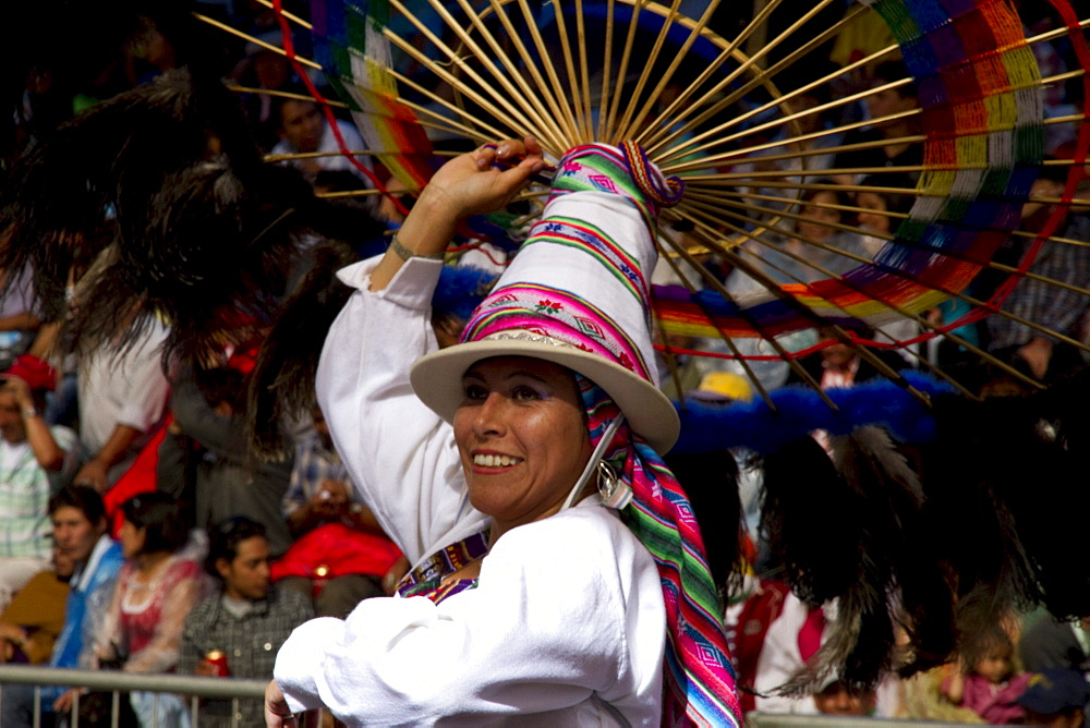 Suri Sicuri dancer wearing an elaborate feather headdress in the procession of the Carnaval de Oruro, Oruro, Bolivia