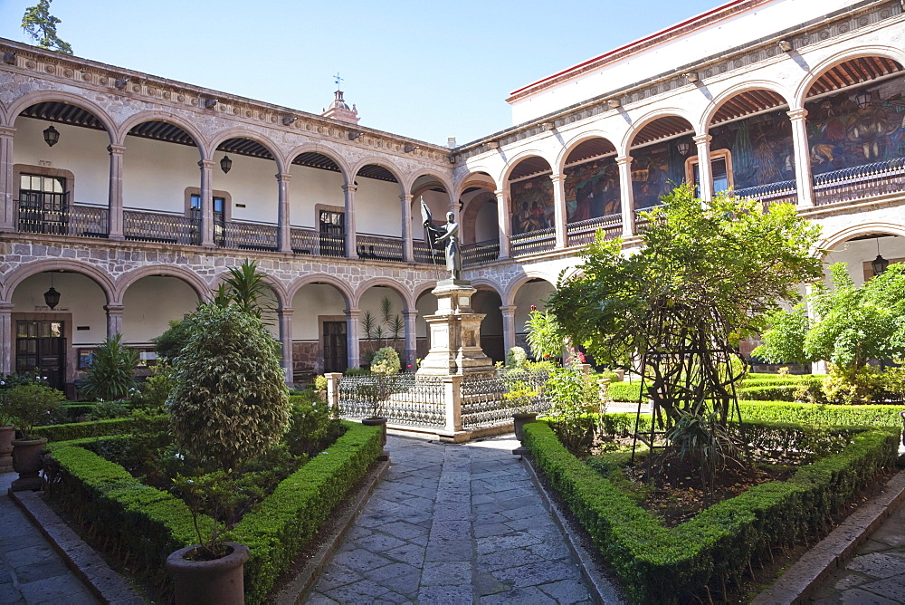 Statue of Father Miguel Hidalgo in the courtyard of the Colegio de San Nicolus Hidalgo, Morelia, Michoacun, Mexico