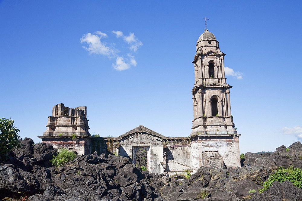 Remains of the San Juan Parangaricutiro Church destroyed by the Paricutin Volcano eruption from 1943 to 1952, Michoacun, Mexico