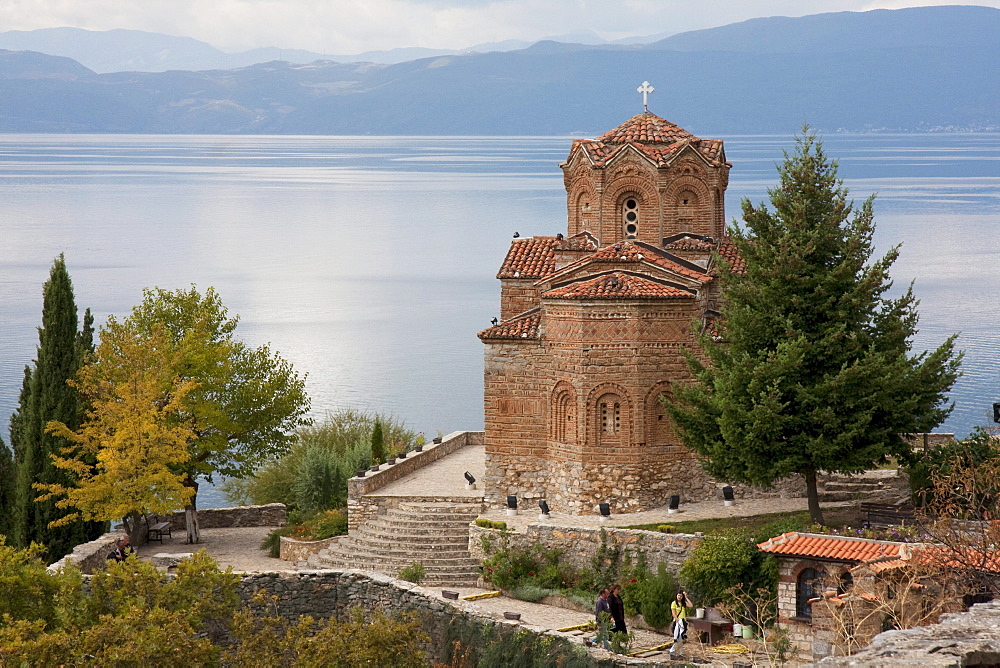 Church of St. Jovan (St. John the Theologian) at Kaneo and Ohrid Lake at sunset, Ohrid, Macedonia