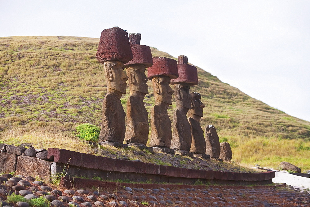 Ahu Nau Nau moais restored by the archaeologist Sergio Rapu at Anakena Beach, Rapa Nui (Easter Island), Chile