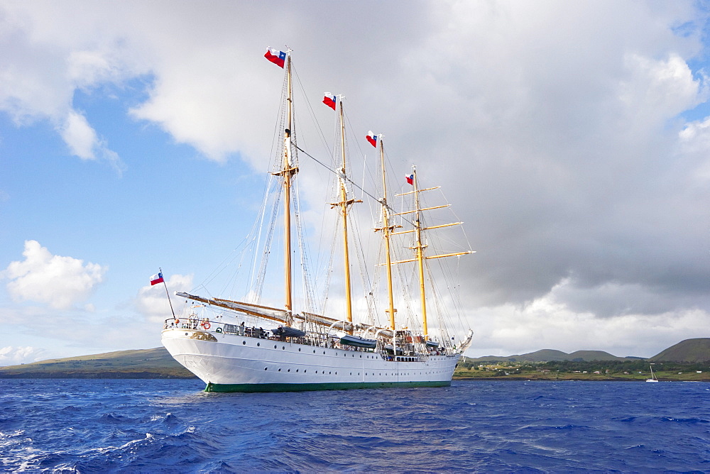 The four-mast barquentine, Chilean Navy Training Ship Esmeralda in Hanga Roa Harbour, Rapa Nui (Easter Island), Chile