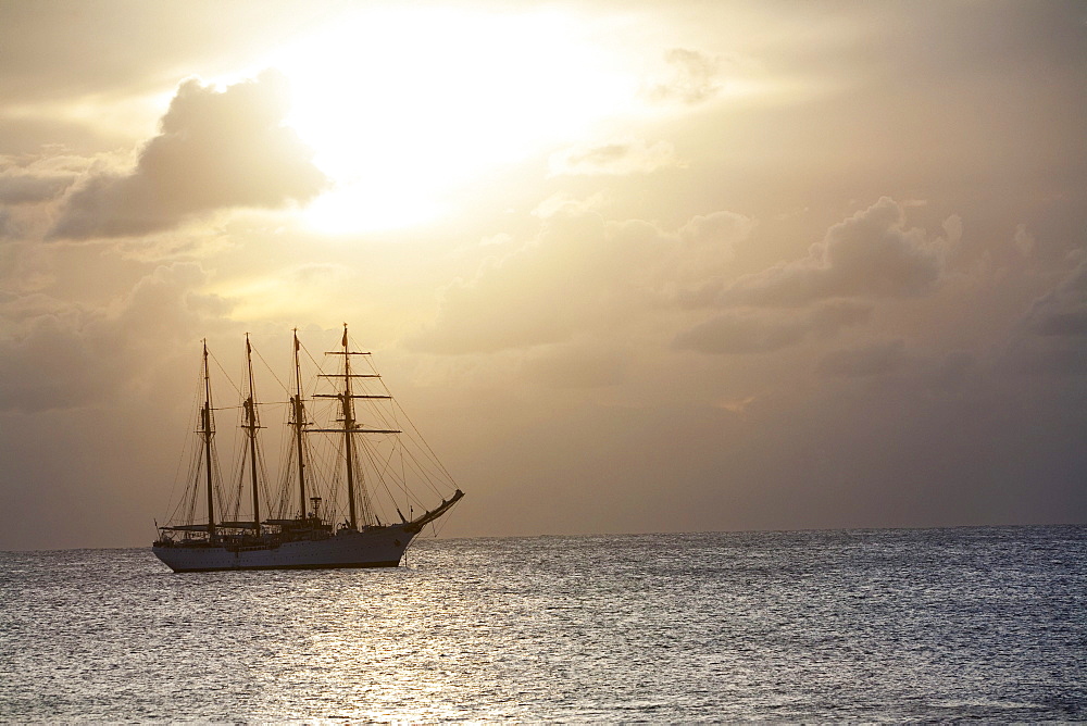 The four-mast barquentine, Chilean Navy Training Ship Esmeralda in Hanga Roa Harbour in the late afternoon, Rapa Nui (Easter Island), Chile