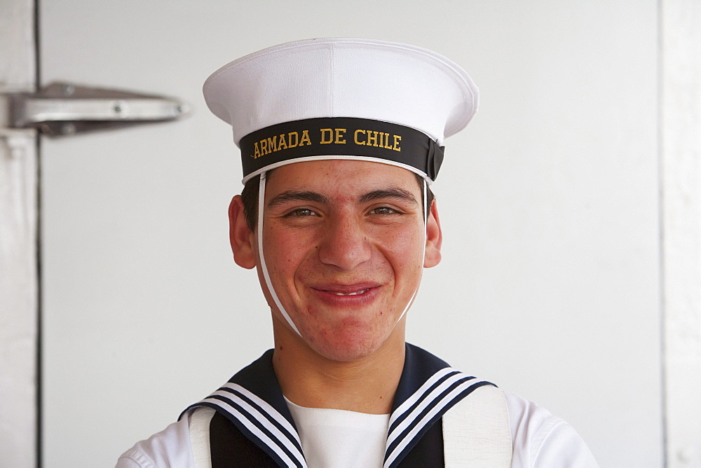 Sailor on board of the four-mast barquentine, Chilean Navy Training Ship Esmeralda in Hanga Roa Harbour, Rapa Nui (Easter Island), Chile