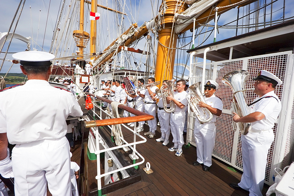 Navy Band performing on board of the four-mast barquentine, Chilean Navy Training Ship Esmeralda in Hanga Roa Harbour, Rapa Nui (Easter Island), Chile