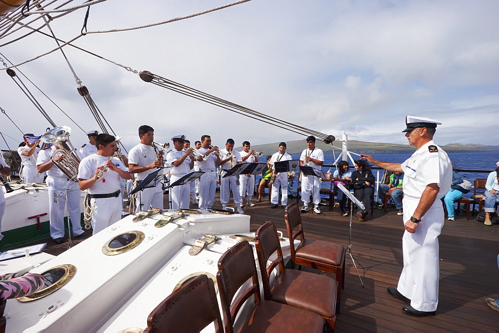 Navy Band performing on board of the four-mast barquentine, Chilean Navy Training Ship Esmeralda in Hanga Roa Harbour, Rapa Nui (Easter Island), Chile