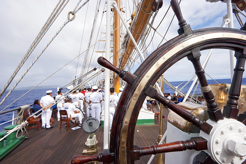 Onboard the four-mast barquentine, Chilean Navy Training Ship Esmeralda in Hanga Roa Harbour, Rapa Nui (Easter Island), Chile